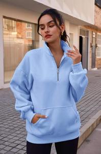 Sudadera con capucha corta de forro polar con media cremallera, oversize, color liso, informal, unisex, azul, para otoño e invierno - Product Image 4