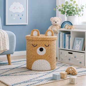 Handmade Water Hyacinth Bear <b>Storage</b> <b>Basket</b> with Lid Kids <b>Toy</b> Organizer Woven Nursery Laundry <b>Basket</b> Home Decor - Product Image 5