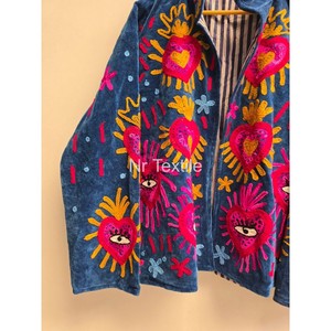 Wholesale <b>Velvet</b> Suzani Embroidered Handmade Floral Design Autumn Stand Collar Knitted Jacket <b>Coat</b> with Cotton Lining - Product Image 6