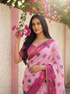 Pink Digital Printed Silk Saree With Embroidered Border For Women Traditional Wedding Wear India Pakistan - Product Image 2