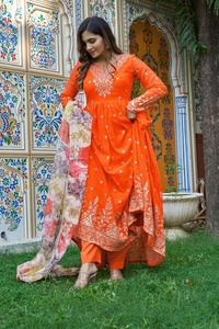 NUEVO SALWAR KAMEEZ CON DUPATTA LARGA HASTA EL SUELO, ESTAMPADO EN RELIEF, COLOR NARANJA, MANGAS COMPLETAS, ESTILO MODERNO PARA FIESTAS EN TODAS LAS ESTACIONES - Product Image 3