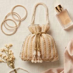 Creme Velvet Handmade Evening Clutch Bag Beaded Embroidery Party Wedding Handbag with Pearl <b>Flat</b> Bottom - Product Image 6