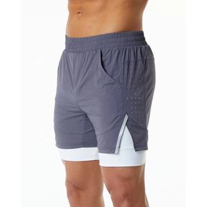 Sports Gym Solid Contrast Mesh Breathable Windproof Quick Dry Zipper Pockets Workout Men Double <b>Layer</b> Shorts - Product Image 1