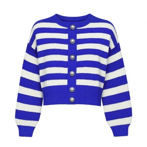 Cárdigan de Punto a Rayas para Mujer, 100% Acrílico, Cuello Redondo, Botones al Frente, Suéter Corto, Otoño - Product Image 4