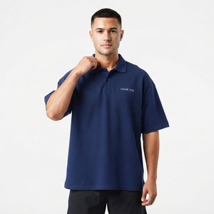 Polo pour homme surdimensionné à manches courtes, T-shirt polo de haute qualité, décontracté, épaules tombantes, bleu marine - Product Image 2