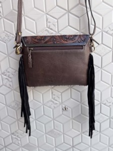 Women's Hand <b>Tooled</b> <b>Leather</b> Cross Body Bag With Tassel Fringe Bohemian Flap Closure Metallic Design Stylish Daily Use Handbag - Product Image 4