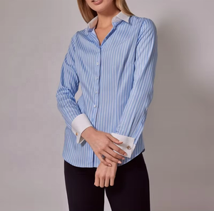 เสื้อเชิ้ตผู้หญิงแฟชั่นเรียบง่าย สีน้ำเงินขาว ลายเรขาคณิต กันยับ ระบายอากาศได้ดี เป็นมิตรกับสิ่งแวดล้อม ติดกระดุม คอปกและปลายแขนเสื้อตัดกัน ทรงเข้ารูป - Product Image 3