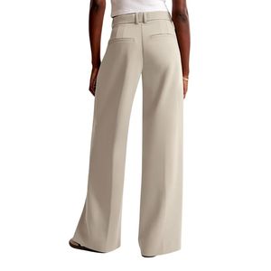 Pantalon de tailleur beige sur mesure pour femme, en coton et polyester, coupe large, taille haute, style minimaliste pour le bureau - Product Image 2