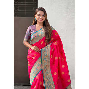 Sari de Seda Suave Rosa Elite Weaves con Diseño de Girasol Butta Meenakari Zari Tejido para Mujer - Product Image 2