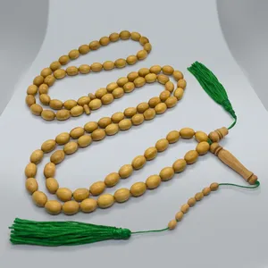 Riddhi Siddhi Aromatic Natural Golden Brown Wood Oval 105-Bead Islamic Mala Prayer Misbaha Dhikr Beads <b>Boxed</b> - Product Image 3