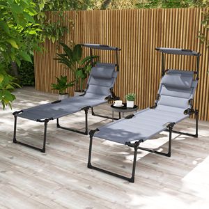 Set di Chaise Longue Pieghevoli Grigie con Tettuccio Parasole per Bordo Piscina o Piscina, Comfort Doppio per Relax all'Aperto - Product Image 2