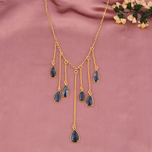 สร้อยคอประดับมอสไคยาไนต์ธรรมชาติ |   ทองเหลืองชุบทอง - Product Image 2