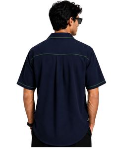 Manufacturer Custom <b>Navy</b> Blue Cuban Collar Men Shirt Green Contrast Piping Casual Half Sleeve Summer Streetwear Fashion <b>Top</b> Wear - Product Image 2