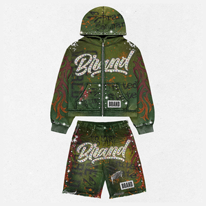 Conjunto de sudadera con capucha y pantalones de chándal para hombre, personalizado con pedrería, oversize, corto, con lavado ácido, con cremallera y efecto desgastado - Product Image 1