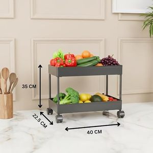 Chariot de rangement de cuisine moderne à double niveau avec roulettes pour l'organisation des épices et des fruits en gris - Product Image 3
