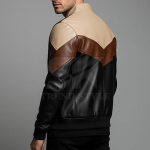 Blouson Bomber en Cuir Véritable pour Homme, Style Moto Biker, Col Montant, Fermeture Éclair, Blocs de Couleurs, Idéal pour l'Automne - Product Image 2