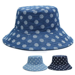 Unisex Polka Dot Denim Bucket <b>Hat</b> Spring Summer Casual Wear Blue <b>Navy</b> Cotton Yarn - Product Image 2