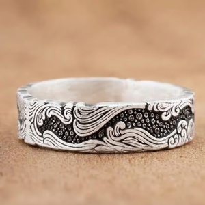 Brass Artisan Wedding <b>Ring</b> for <b>Men</b> Handmade 18K Gold Plated Textured Band Abstract Flowing Wave Motif <b>Unique</b> Irregular Design - Product Image 2