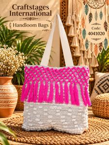 Sac fourre-tout tissé à la main en tissu uni avec fermeture éclair et franges/pompons, sac à main décontracté écologique pour femmes - Product Image 3