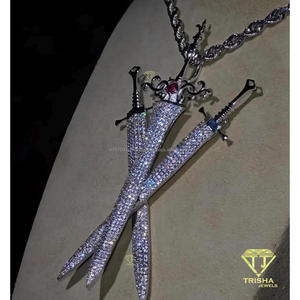 Luxury Moissanite Diamond Triple Sword Pendant 925 Sterling <b>Silver</b> Fully Iced Out <b>Crown</b> Statement Jewelry - Product Image 6