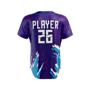 Camiseta de Béisbol Personalizada de Manga Corta con Estampado Sublimado de Secado Rápido Unisex para Adultos para Todas las Temporadas con Patrón Morado y Azul y Logotipo Personalizado en la Parte Delantera - Product Image 3