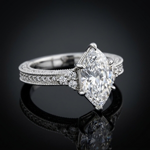 Bague de fiançailles en or blanc 10k 14k 18k avec diamant hexagonal allongé de laboratoire, coupe latérale, style vintage, filigrane gravé en or - Product Image 1