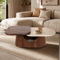 Table basse moderne en bois de manguier massif à deux niveaux avec design rectangulaire, finition teck rose foncé et noyer foncé pour salon