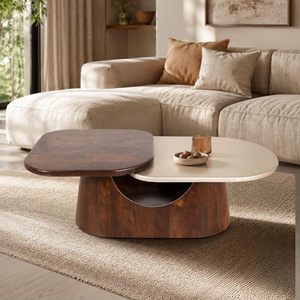 Mesa de Centro Moderna de Dos Niveles de Madera de Mango Sólida con Diseño Rectangular, Acabado en Teca Rosa Oscuro y Nogal Oscuro para Sala de Estar - Product Image 3