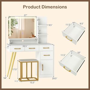 White <b>Makeup</b> Vanity Desk with LED Lighted 27\" X 20\" <b>Mirror</b> Charging Station Stool 8 Storage Spaces - Product Image 5