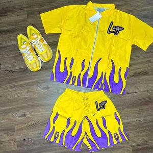 Ensemble deux pièces streetwear d'été pour hommes en gros : veste coupe-vent en nylon et short avec logo brodé flamme – Survêtement brodé - Product Image 1