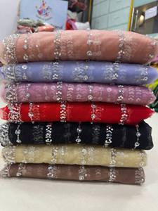 Sari long en polyester brodé de sequins bleus avec dupatta en filet, tenue de mariage indienne et pakistanaise pour femme, séchage rapide - Product Image 2