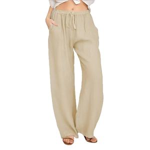 Pantalones Anchos de Mujer, Color Sólido, Largos, Corte Holgado, Cintura Alta con Cordón, Estilo Casual de Verano, Fibra de Algodón y Bambú - Product Image 5
