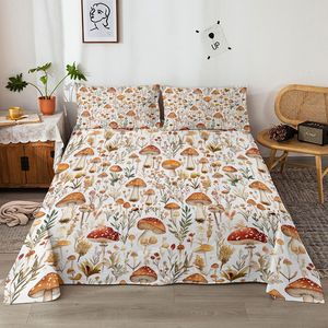Set di lenzuola piatte rosse a forma di fungo da 4 pezzi con motivo floreale e 2 federe per decorazioni a tema piante del mondo - Product Image 2
