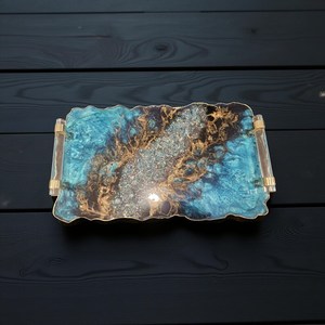 Plateau décoratif en résine et verre, plateau époxyé, plateau élégant avec poignées en cristal doré, plateau en résine géode pour coiffeuse - Product Image 5