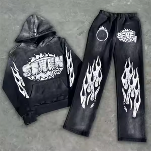 High Quality Custom Patch Logo Acid Wash Sun Faded Flared Sweatpants Sweatsuit Distressed Embroidered Hoodie Set - Product Image 6