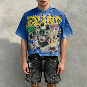 ชุดเซ็ตสองชิ้นสไตล์วินเทจสตรีทแวร์แบบทำเก่า ลายพิมพ์ DTG แบบ Acid Wash เสื้อยืดประดับเพชร กางเกงยีนส์ขาสั้น จากผู้ผลิตมืออาชีพ - Product Image 1