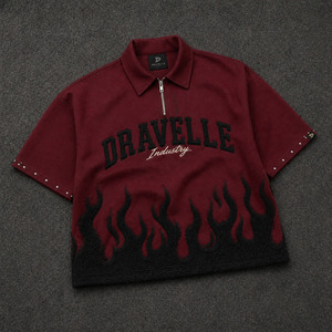 Men’s Oxblood Cropped Zip <b>Shirt</b>, Y2K Boxy Fit Tee with Black Chenille <b>Flames</b> & Silver Stud Cuffs - Product Image 3