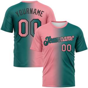 เสื้อฟุตบอลแบบซับลิเมชั่นสั่งทำพิเศษ คอกลม ยูนิเซ็กซ์ สีชมพูไล่เฉดสีเขียวอมฟ้า ผ้าโพลีเอสเตอร์ 100% ระบายเหงื่อได้ดี พร้อมสกรีนชื่อและหมายเลขส่วนตัว - Product Image 1