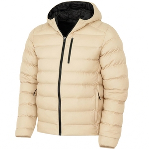Manteau à capuche beige pour homme, coupe classique, fermeture éclair décontractée, couleur unie, léger, softshell, 150g-200g, poches, polyester - Product Image 1