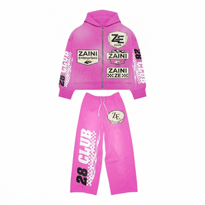 Survêtement rose en molleton de coton et polyester 400 GSM, sweat à capuche entièrement zippé, pantalon large, impression sérigraphique, transfert thermique, logo personnalisé - Product Image 1