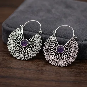 Belle Argent Oxydé Pierre Boucles D'oreilles Antique Polonais Améthyste Hoop Boucle D'oreille Indien À La Main Bijoux Pour La Fête Porter - Product Image 1