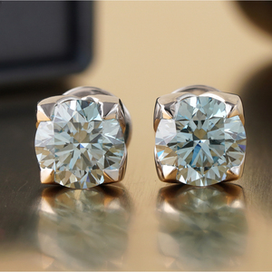 14K White Gold <b>Fine</b> <b>Stud</b> <b>Earrings</b> 3.29 CT Blue Round Lab Grown Diamond Cushion Bezel <b>Studs</b> - Product Image 1