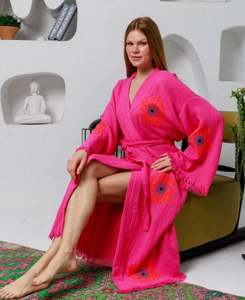 Atractivo Kimono de Algodón Midi Vintage de Verano, Estilo Bohemio con Ojo Turco, Cárdigan de Manga Larga para Mujer, Elegante y Holgado, para la Playa - Product Image 2