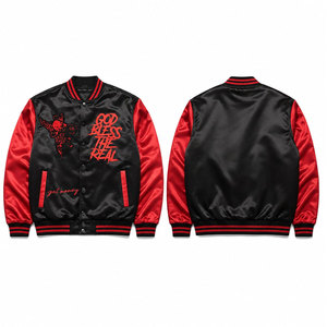 Men's <b>Black</b> <b>Red</b> <b>Varsity</b> <b>Jacket</b> Embroidered God Bless The Real Streetwear Turn-down Collar Regular Fit Autumn Satin - Product Image 1
