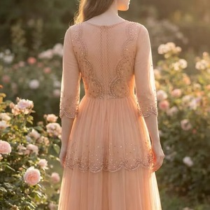 Robe de soirée en tulle perlé couleur pêche, fabricant, vente en gros, robe de bal superposée, fournisseur en gros, usine OEM personnalisée - Product Image 2