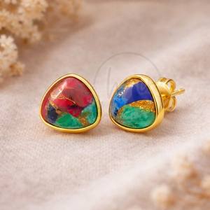 Pendientes de tuerca de latón chapado en oro con mezcla de esmeraldas, rubíes, zafiros, cobre y turquesas, joyería de moda al por mayor para fiestas de mujer. - Product Image 2