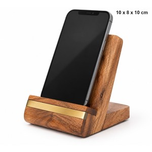 Support de téléphone en bois de manguier avec accent en laiton |   Support de téléphone portable en bois artisanal en gros - Product Image 1