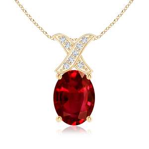 Pendentif unisexe en or massif 14 carats avec rubis rouge naturel taille ovale et diamants incrustés en forme de X, bijou fin, pierre de naissance, pendentif de luxe fait main - Product Image 1