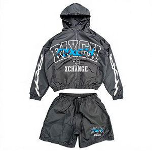 RIVXCH Men's Hooded Track Suit Set <b>Black</b> Polyester Streetwear Jacket Shorts Quick Dry Summer Outfit - Product Image 5
