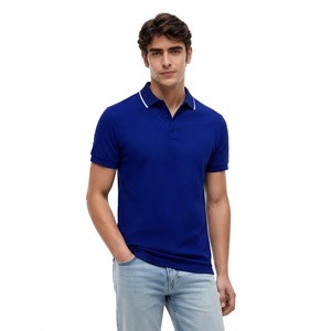 Camiseta Polo Azul para Hombre, Manga Corta, Informal, de Algodón, Corte Ajustado, para Verano, Negocios, Golf, Deportes, con Cuello con Ribete en Contraste - Product Image 1